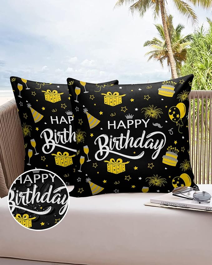 Prime Leader Outdoor Waterproof Pillow Covers Set of 2, Happy Birthday Cake Firwoks Black Patio Throw Pillow Covers, Decorative Cushion Case for Couch Sofa Furniture Garden, 20x20 Inch