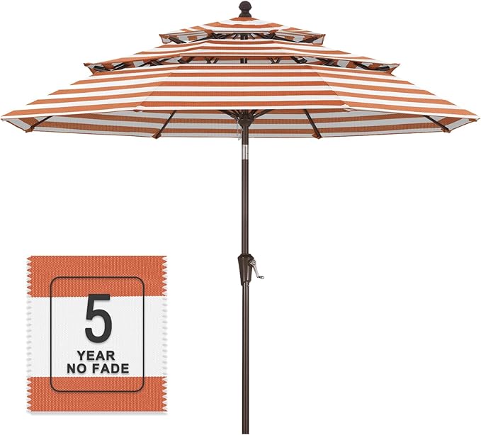 MASTERCANOPY 9ft 3-Tier Olefin Patio Umbrella with Tilt Crank, 5-Year-Non-Fading Canopy & 8 Fiberglass Ribs for Deck, Patio, and Garden, Orange & White