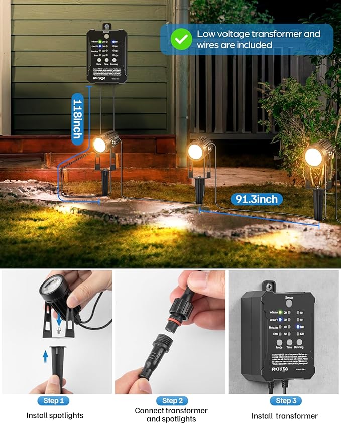 HIBOITEC Low Voltage Landscape Lighting with Transformer Photocell Sensor and Timer Spotlights Kit 56FT ETL Approved Wire 2700K 6 Packs