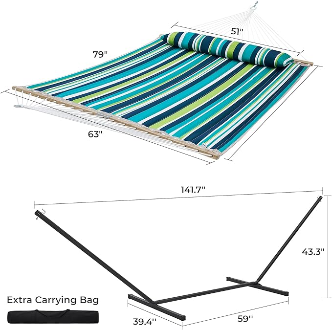 SUPERJARE Hammock with Stand, 2 Person Quilted Outdoor Hammock, Detachable Pillow & Bamboo Spreaders, Portable Hammock with Carrying Bag, Heavy Duty Stand, Perfect for Outside, Patio, Dark Cyan