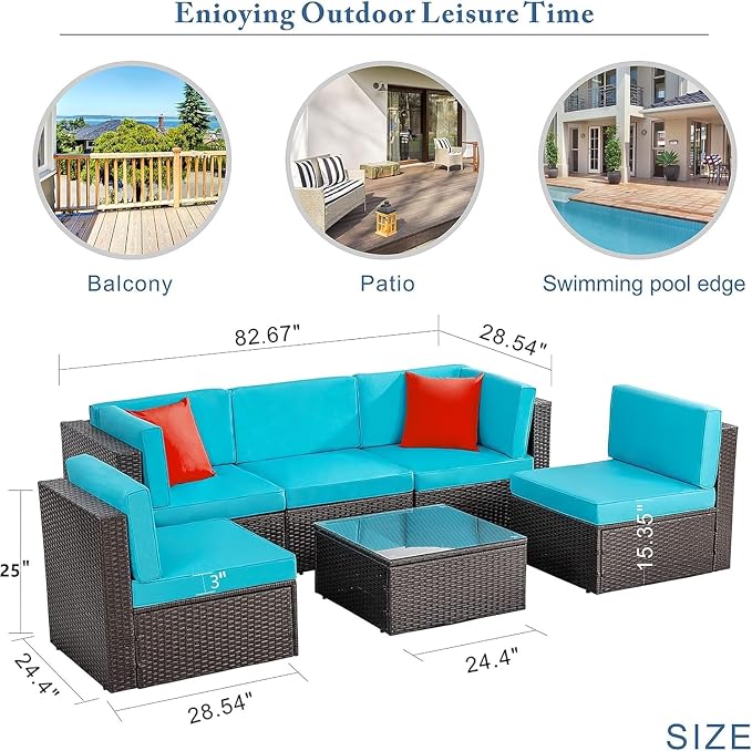 Outdoor Patio Furniture 6 Piece Set, PE Rattan Wicker Sectional Sofa Conversation Set with Coffee Table, for Garden Backyard Poolside, Outdoor Sectional Sofa Set