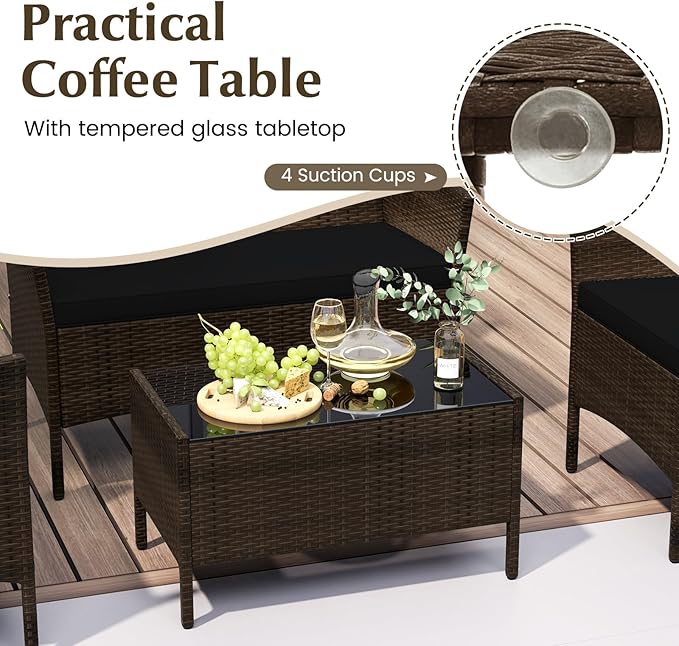 Tangkula 4 Piece Patio Rattan Conversation Set, Outdoor Wicker Furniture Set with Chair, Loveseat & Tempered Glass Table, Cozy Seat Cushions, Outside Sectional Sofa Set for Backyard, Porch (1,Black)