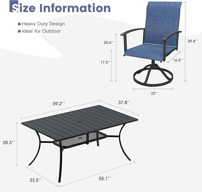 VICLLAX Outdoor Table and Chairs Set for 6, Patio Dining Set of 59 Metal Rectangle Patio Table with Umbrella Hole & 6 Swivel Outdoor Dining Chairs for Backyard Lawn, Dark Blue & Black