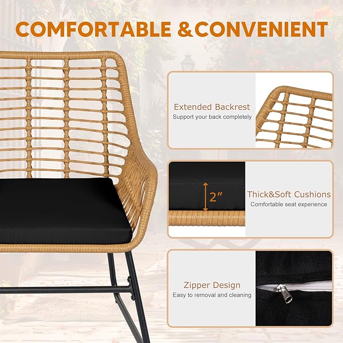 4 Piece Outdoor Wicker Patio Conversation Bistro Set, Rattan Patio Furniture Set with Table and Cushions, Conversation Loveseat Chairs for Backyard, Balcony, Black