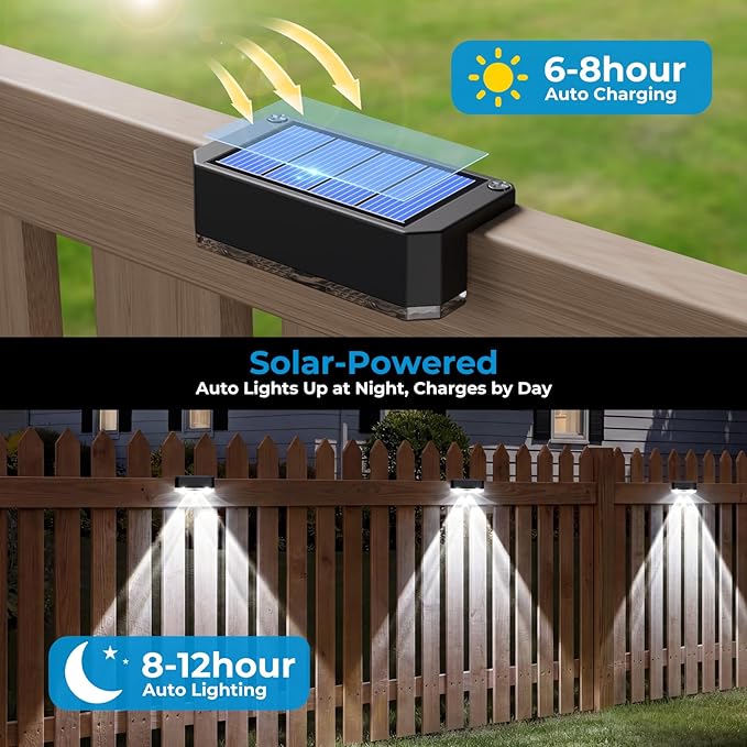 Peasur Solar Fence Lights Outdoor 6 Pack, Deck Light Solar Powered, Waterproof LED Step Lights for Railing Yard Patio Outside, Cool White