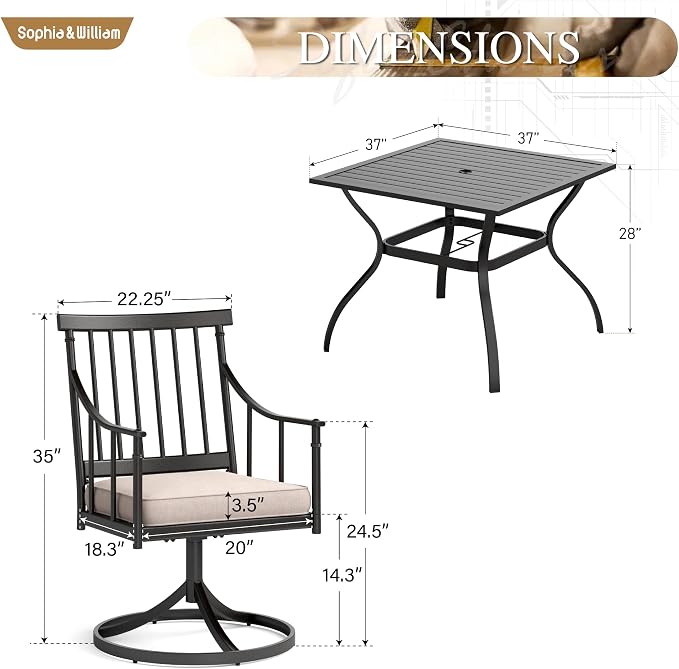 Sophia and William Patio Dining Set, for 4, Swivel Chairs | E-Coated and Steel, Square Table, Swivel Chirs, 1.57 umbrella hole, Weather-Resistant, Easy to Clean