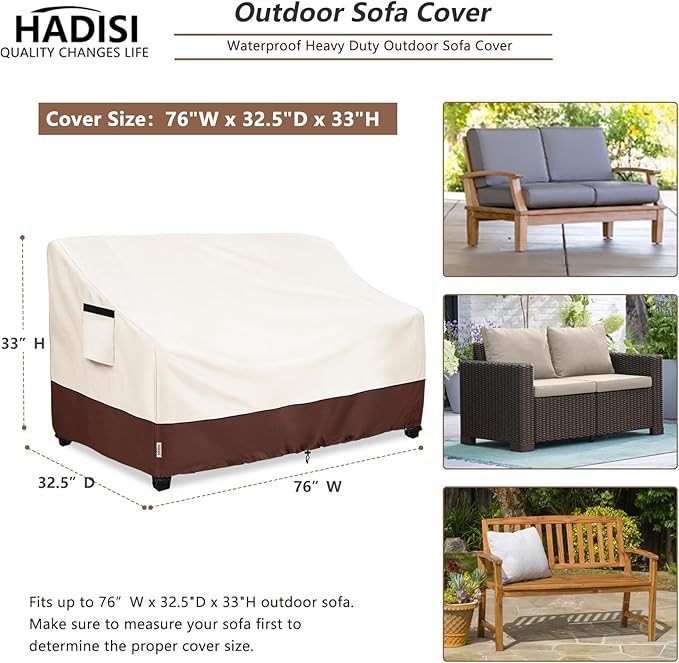 3-Seater Heavy Duty Patio Bench Loveseat Cover,100% Waterproof Outdoor Sofa Cover 76" W x 32.5" D x 33" H,Patio Furniture Couch Covers(Beige)
