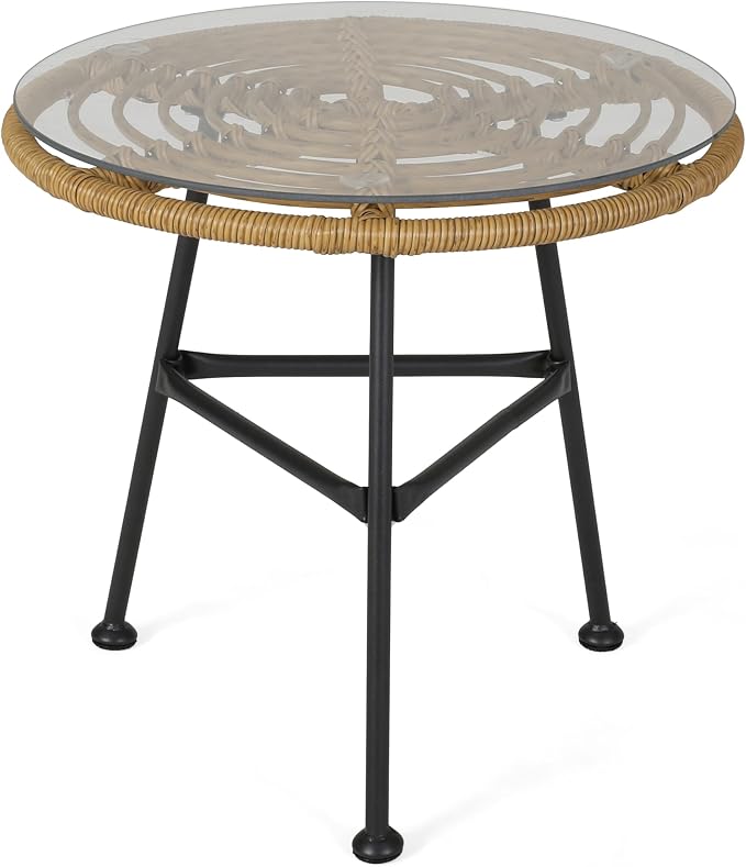 Rattan Outdoor Side Table with Tempered Glass Tabletop, Weather-Resistant Patio End Table, Stable Steel Frame for Balcony, Porch, Deck, Natural