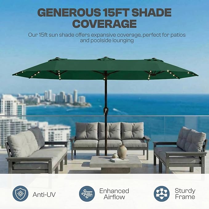 15FT Patio Umbrella with Solar Lights, Double-Sided Extra Large Outdoor Table Umbrella with Base Included, Heavy-Duty 12 Iron Ribs Market Umbrella for Garden, Pool, Backyard, Forest Green