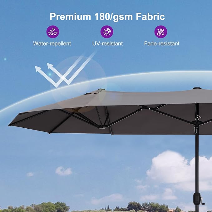 PURPLE LEAF 13ft Patio Market Umbrella with Base Double-Sided Rectangle Outdoor Table Sun Umbrellas with Crank 12 Heavy Duty Sturdy Ribs for Pool Beach Deck Backyard Gray