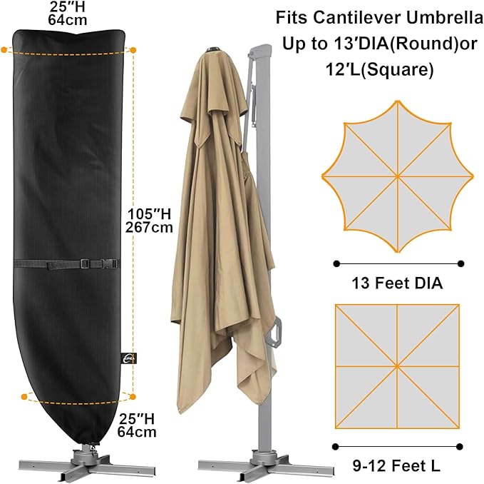 Kipiea Patio Umbrella Cover for 9'-13' Cantilever Umbrella, Upgraded 600D Heavy Duty Outdoor Umbrella Covers with Support Pole and Zipper