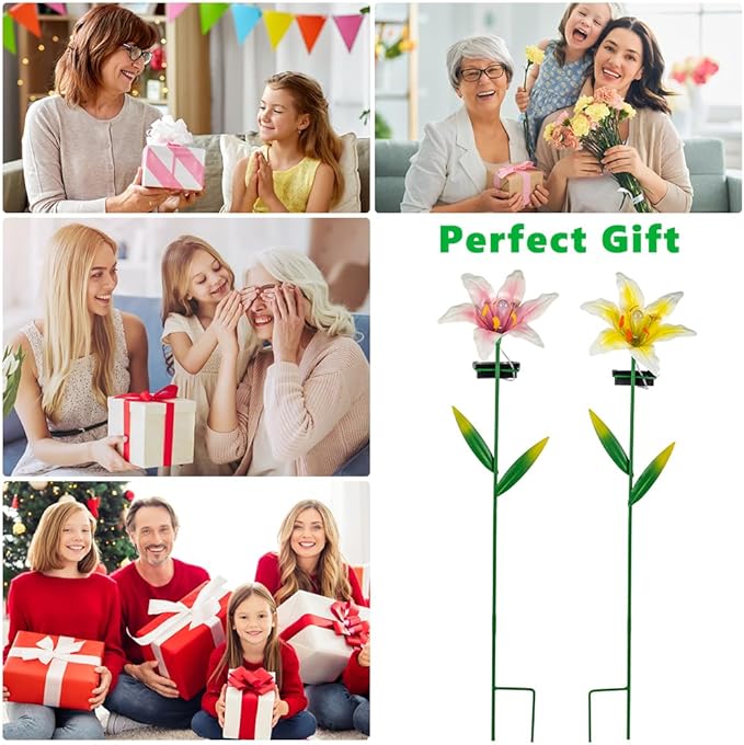 Solar Garden Lights Outdoor,2 Pack Lily Flowes Solar Garden Lights,Waterproof Decorative Metal Flowers Lights for Outside Lawn Patio Pathway