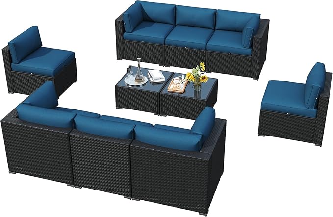 LazySunsets 10 Piece Outdoor Patio Furniture Set with Coffee Table, Outdoor Patio Furniture Sets with Waterproof Cover, Wicker Rattan Outdoor Conversation Set for Backyard & Garden, Peacock Blue