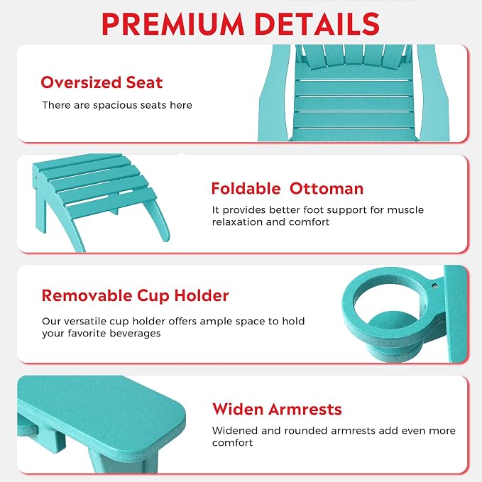 Costaelm Lakeview 3-Piece Adirondack Chair with Cup Holder and Folding Ottoman and Table Set, Turquoise
