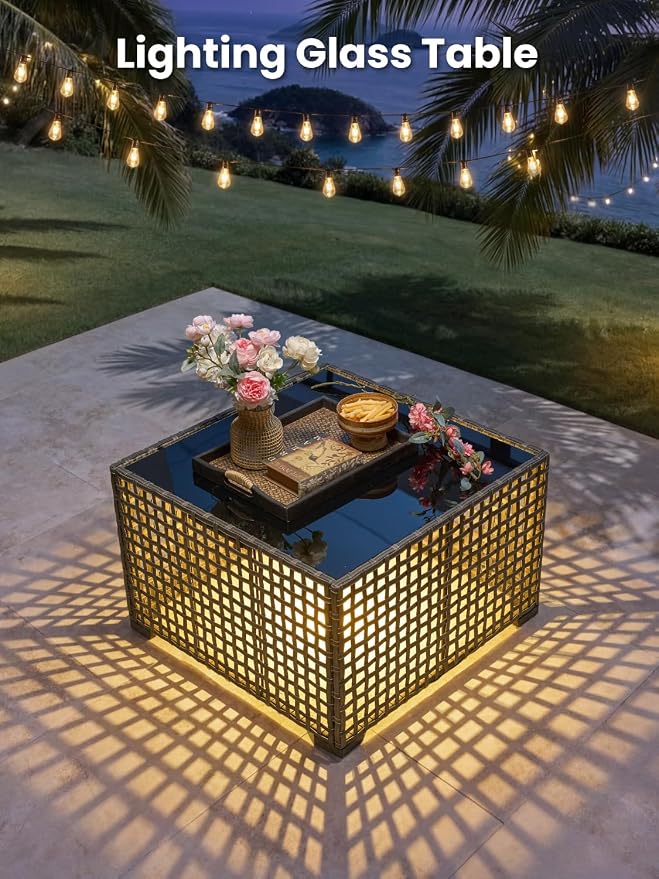 9-Piece Outdoor Patio Furniture Set with Fire Pit Table, Outdoor Conversation Wicker Sofa with Swivel Chairs, Rattan Couch with Coffee Table for Deck, Backyard, Poolside (Navy Blue)