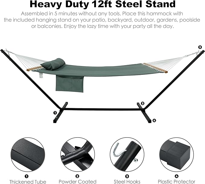 2 Person Hammock with Stand for Outside, Heavy Duty Steel Stand, Double 55inch Hammocks, Large Removable Pillow, Storage Bags, Max 475 lbs Capacity (Mist Green)