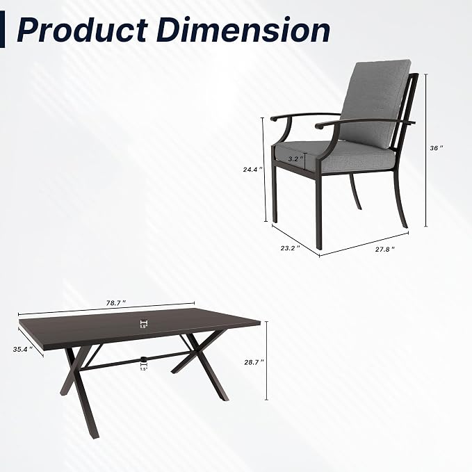7 PCS Outdoor Patio Dining Set,Patio Table and Chairs Metal Outdoor Patio Furniture Set with Umbrella Hole,Dining Table Set with 6 Chairs for Deck,Backyard and Garden,Grey