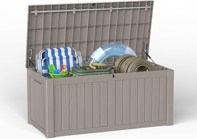 130 Gallon Outdoor Storage Box Lockable Deck Boxes Outside Bench Waterproof Resin Tool Porch Cushion Garden Pool Float UV Resistant Bin Patio Furniture Beige