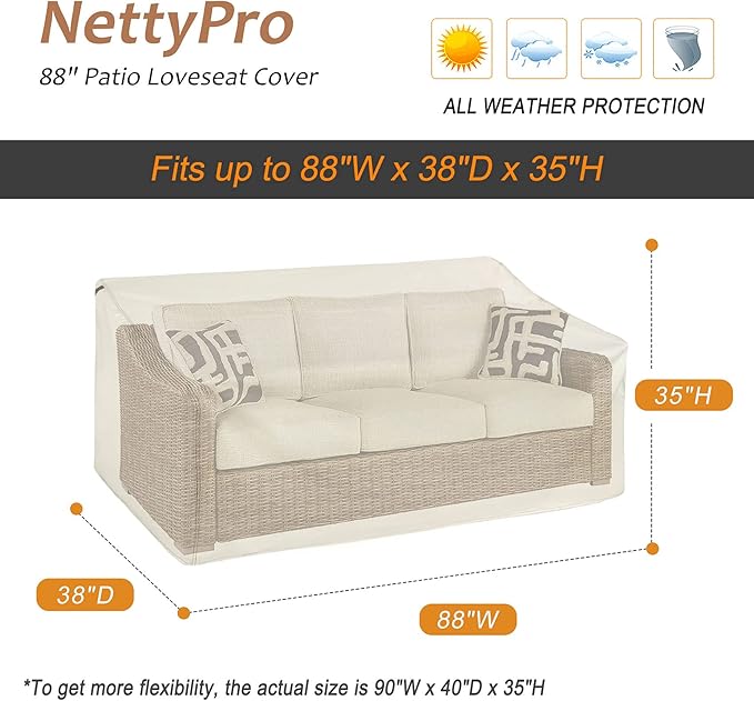 NettyPro Outdoor Sofa Cover Waterproof 3-Seater Patio Couch Cover, Patio Furniture Deep Lounge Sofa Covers with Air Vent and Handle, 88"W x 38"D x 35"H, Beige
