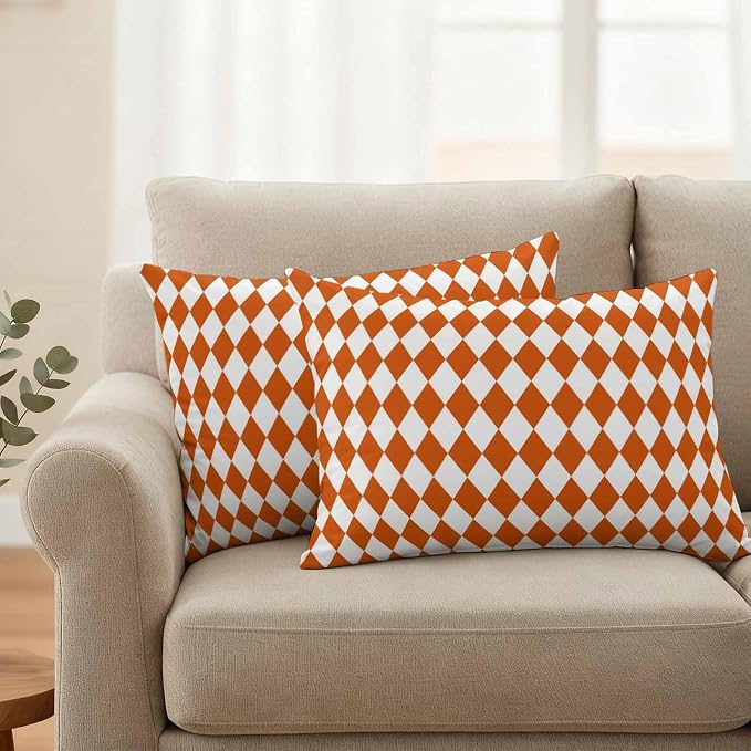 Modern Orange White Plaid Outdoor Pillow Covers Set of 2,Decorative Waterproof Throw Pillow Case,Geometric Lattice Cotton Linen Soft Cozy Cushion Pillowcases