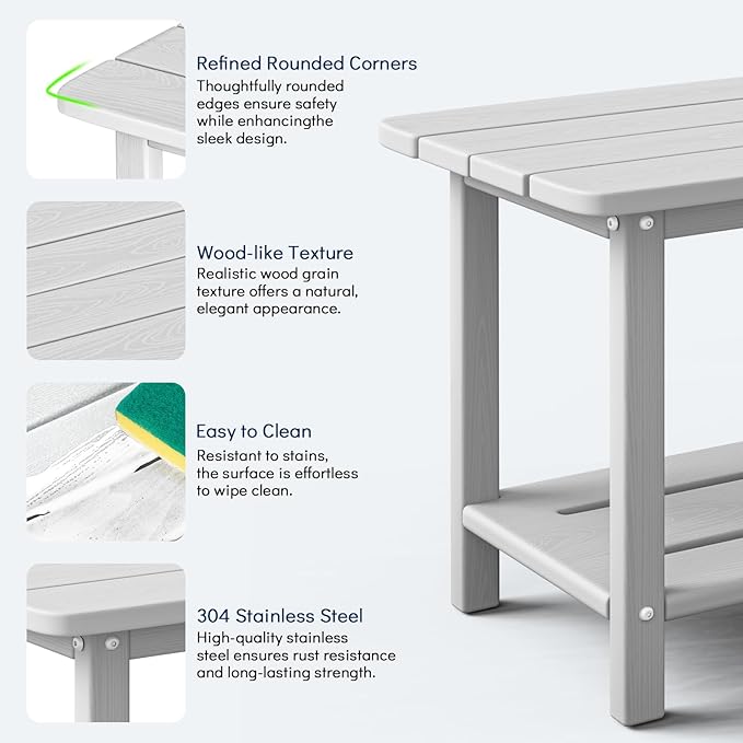 nevilywood HDPE Adirondack 2-Tier End Table Wood Texture- Weatherproof Outdoor Side Tables - Sturdy HDPE Material - Poolside, Patio,Lawn or Indoor & White
