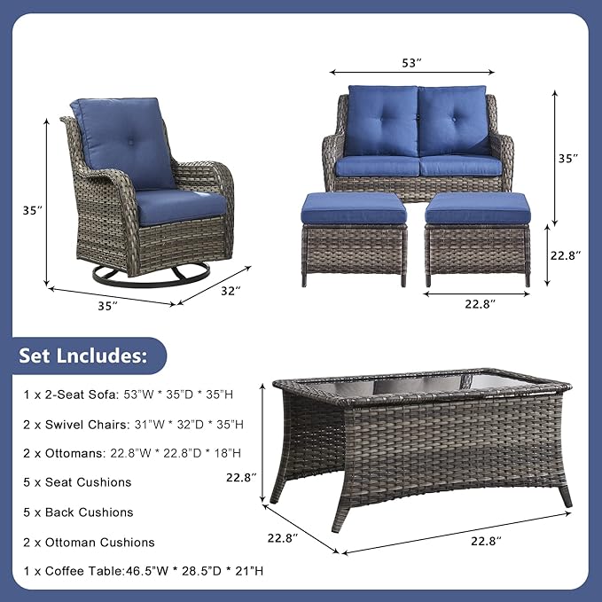 Patio Furniture Swivel Chairs Set - 6 Piece Wicker Rattan Outdoor Sectional Conversation Sets with 2 Swivel Rocking Chairs,2 Ottomans,1 Loveseat and 1 Coffee Table for Porch Deck(Mixed Grey/Blue)
