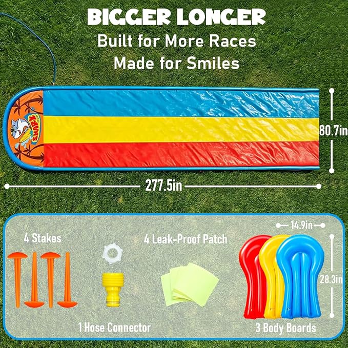 23FT Triple Water Slide with 3 Inflatable Bodyboards, Lawn Slip Splash Slide with Built-in Sprinkler, Backyard Outdoor Summer Water Toy for Kids and Adults