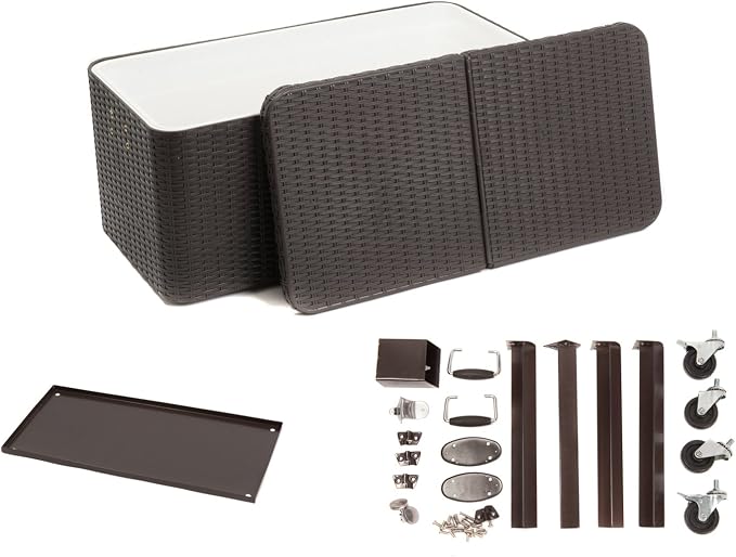HIO 80 Qt Outdoor Patio Cooler Table On Wheels, with Shelf, Dark Brown Wicker