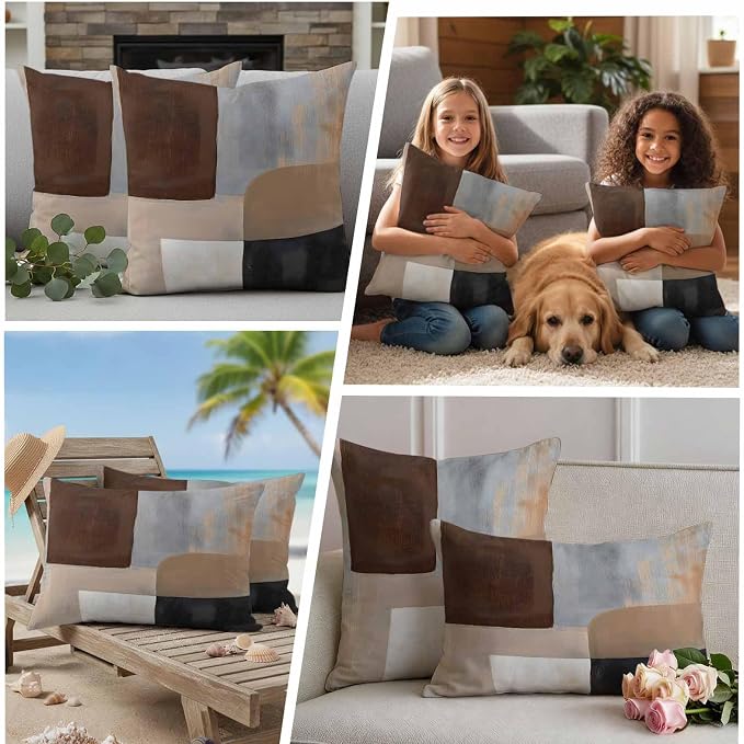 Abstract Ombre Brown Black White Outdoor Waterproof Throw Pillow Covers Set of 2, 18"x18", Modern Art Gradient Decorative Pillow Covers Outside Cushion Case for Patio Porch Garden