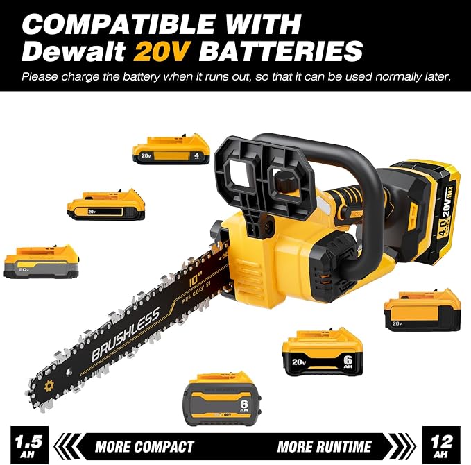 10 Inch Cordless Chainsaw for DEWALT 20V MAX Battery, 1000W Brushless Handheld Chainsaw with 4.0Ah Battery, Battery Powered Electric Chain Saw for Wood Cutting, Battery & Charger Included