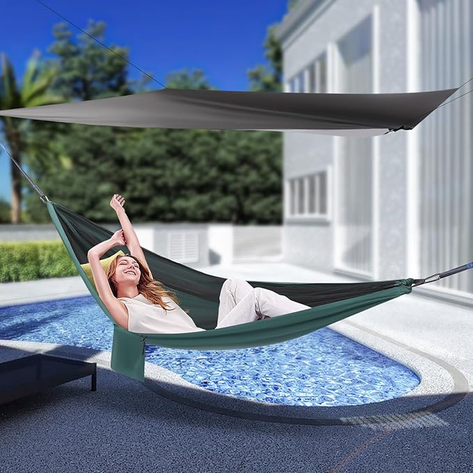 Camping Hammock, 6.56 ft Adjustable Tree Strap Hammocks with Mosquito Net Tent and Rain Fly Tarp, 200kg Load Bearing Portable Camping Hammock, Hammock for Backpacking and Travel(9.5 * 4.5)