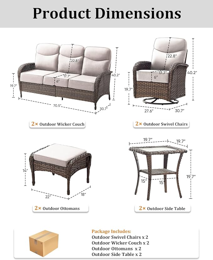 8-Piece Luxury Patio Furniture Set with 6-inch Thick Cushion,Outdoor Wicker Sofa Couch Set of 2 & Swivel Rocker Chairs, Conversation Set for Poolside, Deck & Yard - Beige
