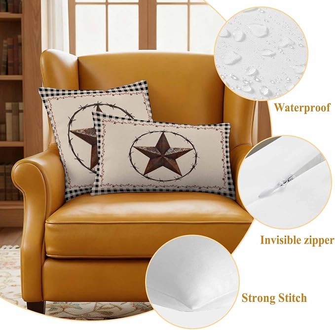 American Country Outdoor Waterproof Throw Pillow Covers Set of 2, 26"x26", Star Farmhouse Beige Black Buffalo Plaid Decorative Pillow Covers Outside Cushion Case for Patio Porch Garden