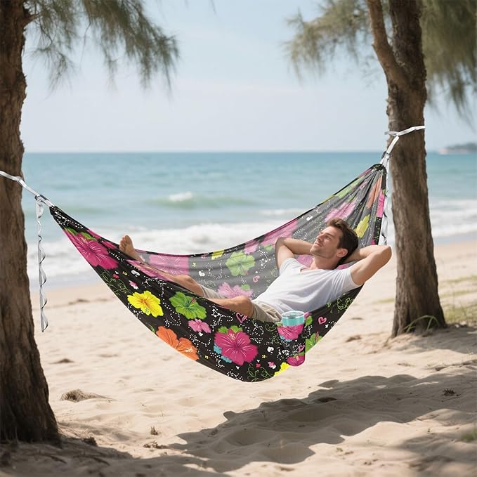 Camping Hammock Outdoor Hammocks for Outside Colorful Hibiscus Flower Beach Trees Portable Lightweight with Pockets Tree Straps Indoor