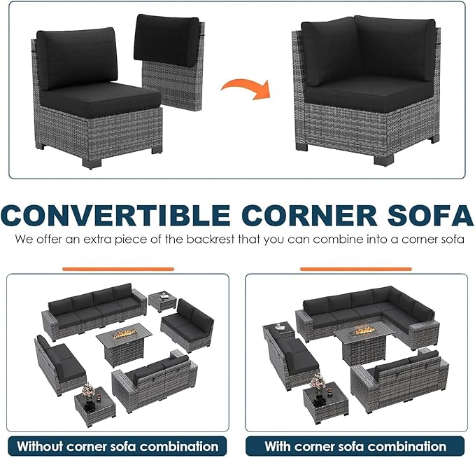 13 Piece Patio Furniture Set with Fire Pit Table, Outdoor Sectional Conversation Sets Grey Wicker Rattan Sectional Sofa for Patio Garden Backyard, 4'' Thickened Cushion Black