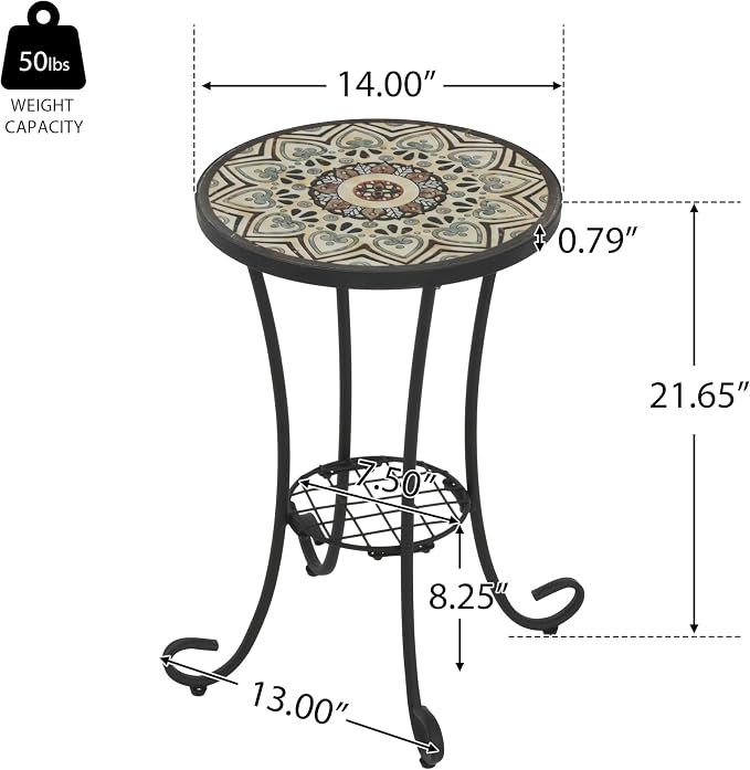 Christopher Knight Home Glady Outdoor Round Side Table, Patio Bistro Table with Ceramic Top and Metal Frame, Small Decorative Accent Table for Patio Garden Porch Balcony, Bohemia