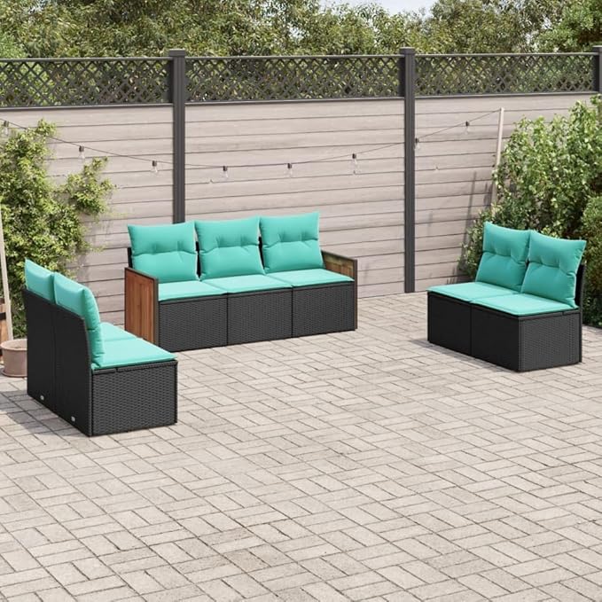7 Piece Patio Sofa Set with Cushions, Patio Conversation Set Front Porch Furniture Porch Furniture Set Garden Lounge Set for Poolside Negotiation Area Garden Exhibition Black Poly Rattan