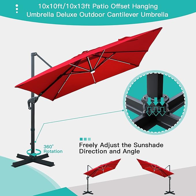Sunnyglade 10x10ft Solar Powered LED Cantilever Patio Umbrella Square Deluxe Offset Umbrella 360°Rotation & Integrated Tilting System & LED lights for Market Garden Deck Pool Backyard Patio
