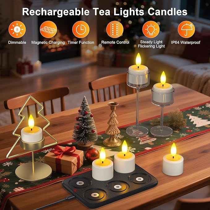 PChero Rechargeable Waterproof Tea Lights with Remote & Magnetic Charging Base, Battery Operated Flameless Candles with Timer, 6 Pack LED Votive Candles Flickering, 100+H Lasting, 1.5" D x 2.16" H