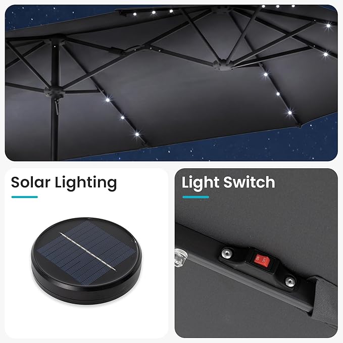 COSIEST 13FT Patio Umbrella with Solar Lights, Outdoor Double-Sided Table Umbrella,Large Rectangular Market Umbrella w Crank Handle for Garden, Pool, Deck Shade, Dark Gray