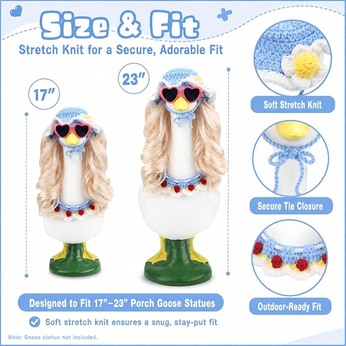 Porch Goose Wigs Blonde 1 Pack with Blue Knit Hat and Scarf Set Porch Goose Blonde Long Wigs Blue Style Outdoor Decor for Lawn Goose Statues