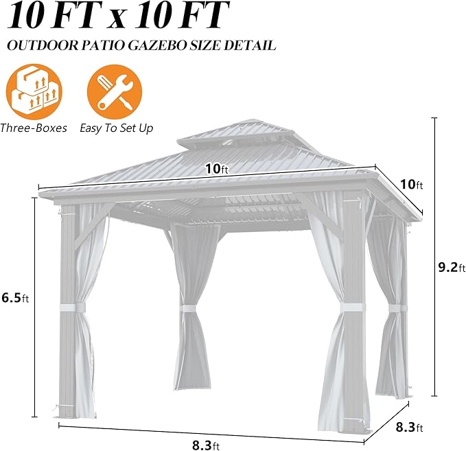 GARTOO 10'x10' Outdoor Hardtop Gazebo with Double Roof - Heavy-Duty Steel Top Aluminum Frame Gazebo with Breathable Netting & Privacy Curtain for Patio, Porch, Garden, Lawn, Deck, Backyard