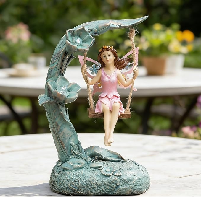 Suyorpe Garden Flower Fairy Outdoor Statue Decor Funny Swing Fairy Ornaments Figurines for Patio Lawn Yard Porch Outside Garden Gifts,9.05 Inches Tall ﻿ ﻿ ﻿
