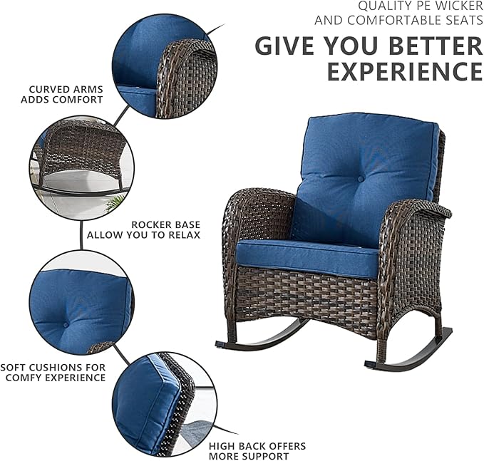 Belord 6 Pieces Outdoor Patio Furniture Set with Wicker Rocking Chairs, Rattan Patio Conversation Set with Glider Loveseat Ottomans and Side Table Brown/Blue
