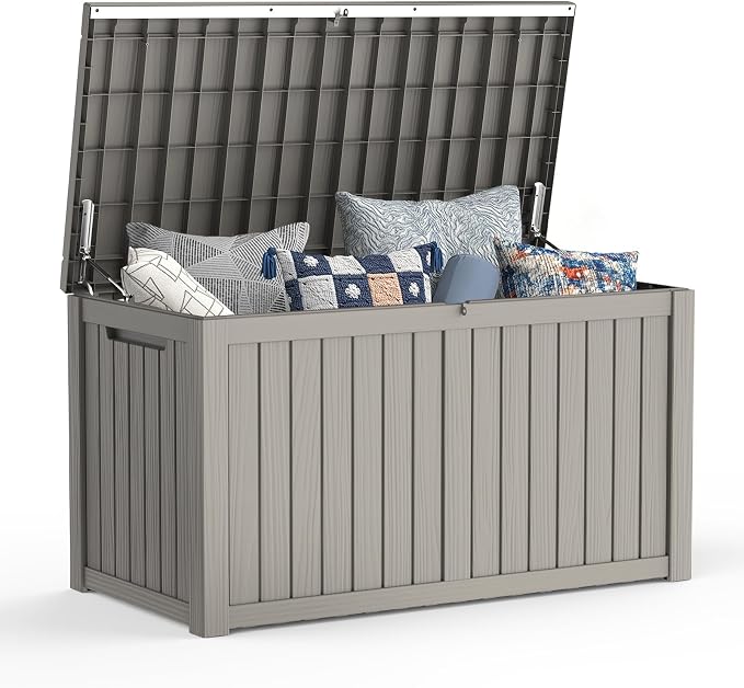 Mars Villa 180 Gallon Outdoor Storage Box, Large Waterproof Resin Deck Box for Patio Furniture Cushions, Pool Supplies, Gardening Tools, Lockable, Weatherproof and UV Resistant, Grey