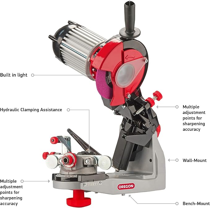 Oregon Professional 120-Volt Bench Grinder with Hydraulic Clamping, Universal Saw Chain Sharpener & Tripod Bench Chainsaw Chain Grinder Stand, Height Adjustable Sturdy Portable Safe Platform
