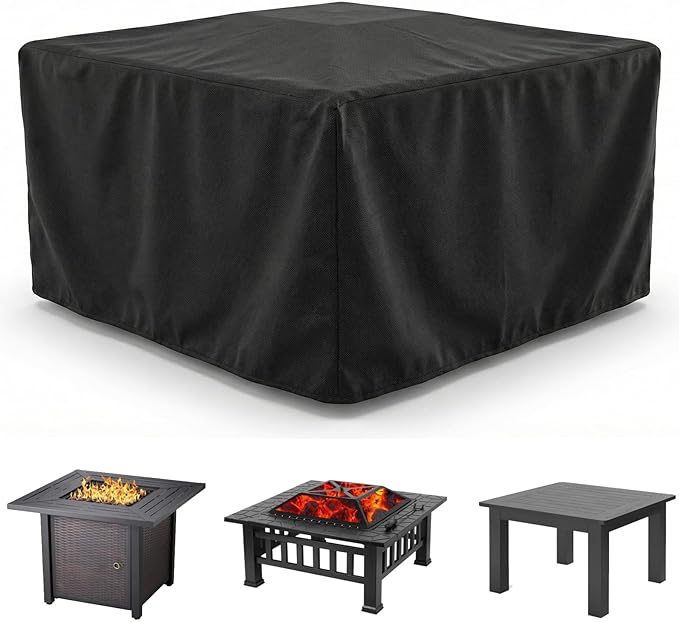 WOMACO Heavy Duty Square Patio Fire Pit/Table Cover, Waterproof Outdoor Furniture Cover (48" x 48" x 29", Black)