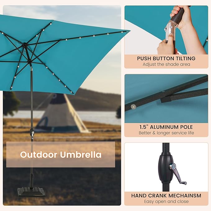 MONDAWE Rectangular Market Umbrella with Lights 10 x 6.5 FT Outdoor Solar LED Patio Umbrella Tilt and Crank Aluminum Commercial Table Umbrella for Pool Backyard Balcony