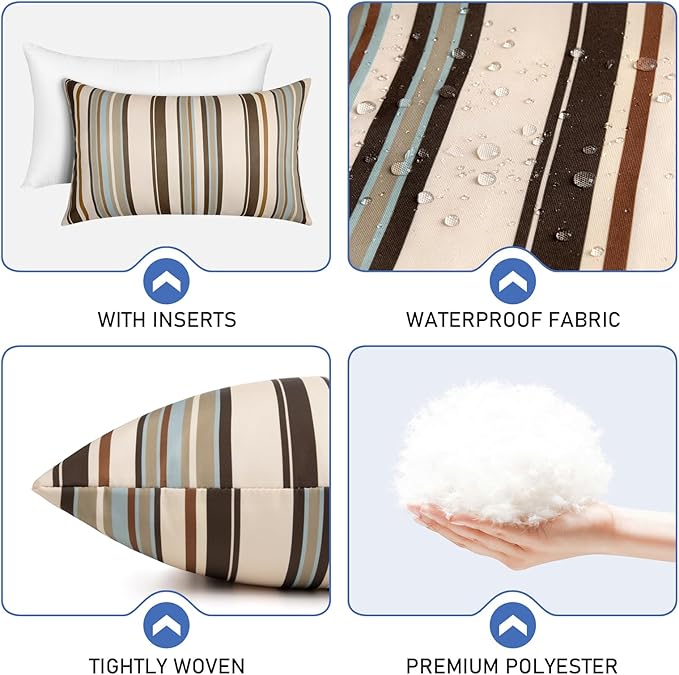 Pack of 2 12x20 Outdoor Pillows, Waterproof Throw Pillows with Inserts, Decorative Lumbar Pillows for Patio, Garden, Couch, Furniture, Sofa, Bed, Living Room(Stripe Onyx)