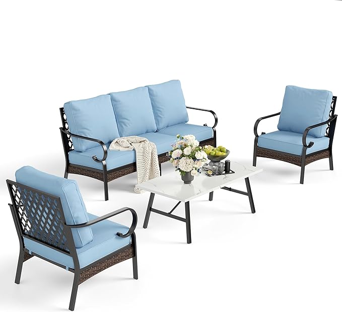 5 Piece Metal Outdoor Patio Furniture Set, Patio Conversation Sets 1 3-Seater Sofa, 2 Chairs with 5.75" Extra Thick Cushion and Coffee Table, Black Frame Backyard Furniture, Blue